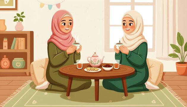 two muslim women wearing hijab sitting at a wooden table and drinking tea together indoors
