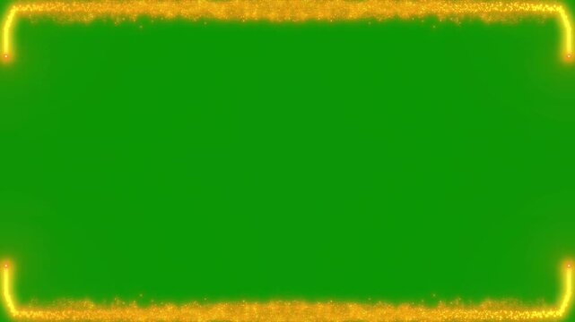 Abstract golden sparkle rectangle animation on green background, beautiful shiny glitter dust particles forming a square elegantly, luxury corporate award show frame overlay. 4k video