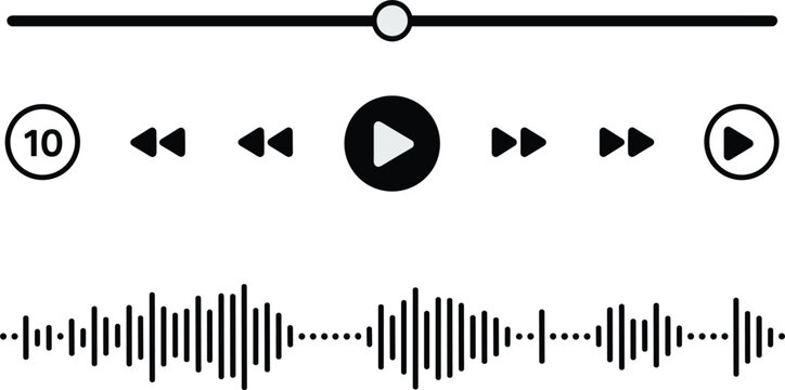 Audio media player interface element set with volume slider control play button fast forward rewind icons and black sound wave waveform visualization