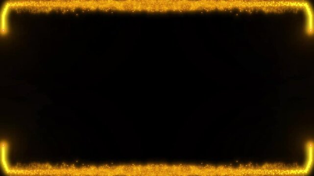 Abstract golden sparkle rectangle animation on deep black background, beautiful shiny glitter dust particles forming a square elegantly, luxury corporate award show frame overlay. 4k video