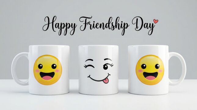 Friendship Day celebration Three white coffee mugs with different funny smiley faces printed on them lined up on white background