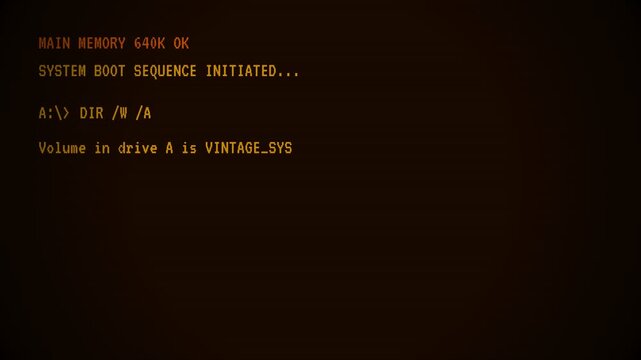 Retro computer booting up with vintage command line interface displaying system memory and file directory, symbolizing nostalgia, early technology, and digital history, a seamless loop