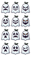 Fototapeta premium Set of Cute and Scary Halloween Ghost Characters with Various Facial Expressions and Emotions Icon Set