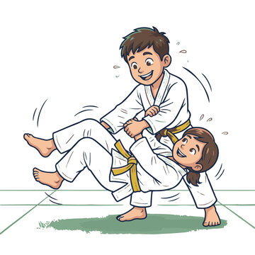 Kids practicing judo. Children in karate uniforms training. Martial arts.