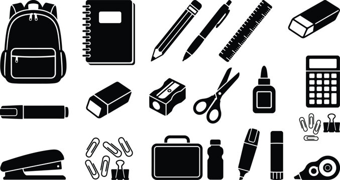 Collection of black school supplies icons on white background for education design