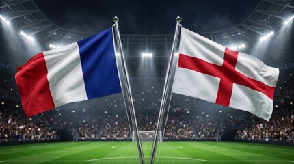 Obraz premium France and England national flags waving in a packed football stadium