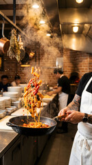 Obraz premium Gnocchi tossed with tomato sauce and steam in energetic restaurant cooking scene