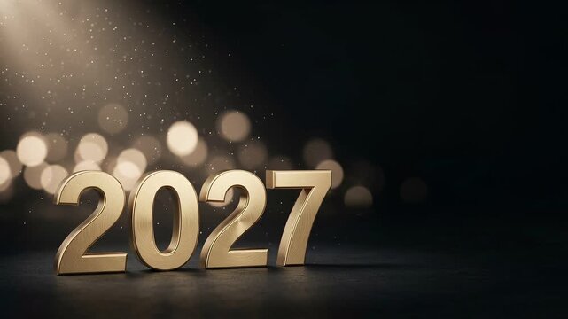 Luxurious glowing gold 2027 New Year animation with beautiful warm bokeh lights