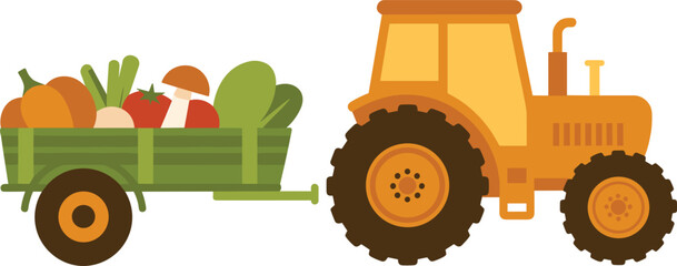 Yellow farm tractor pulling green trailer full of fresh vegetables and harvest crops for agriculture farming organic food market and rural village design © MdIbrahimIslam