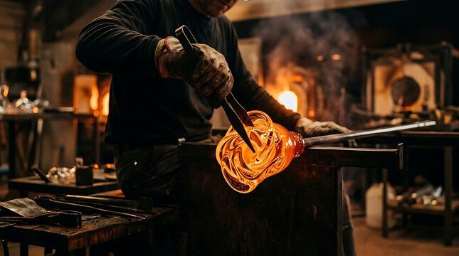 Artisan glassblower shaping glowing molten glass in a dark workshop