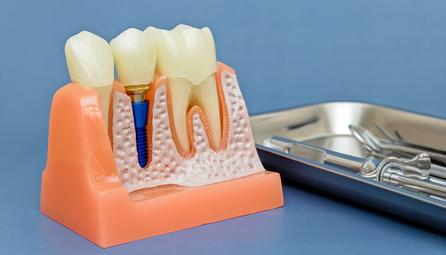 Educational anatomical model of human jaw with dental implant and natural tooth roots near medical tray.