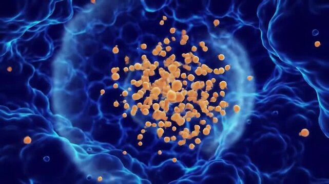 Biomarker Detection Concept With Warm Orange Molecular Particles Against Blue Cellular Background