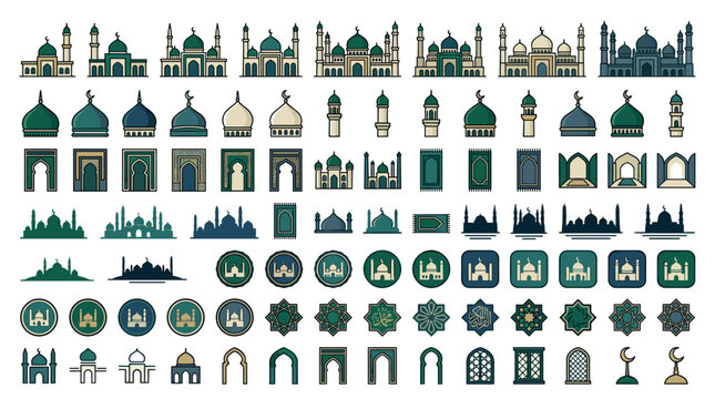 Islamic ramadan kareem elegant element icon set with mosque quran crescent moon lanterns praying hands and decorative round frame vector