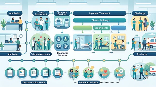 Medical workflow diagram showing hospital admission and discharge process