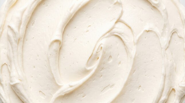 White vanilla frosting texture with smooth swirls and peaks. Thick whipped buttercream icing with vanilla bean specks. Background for bakery branding and dessert menus.