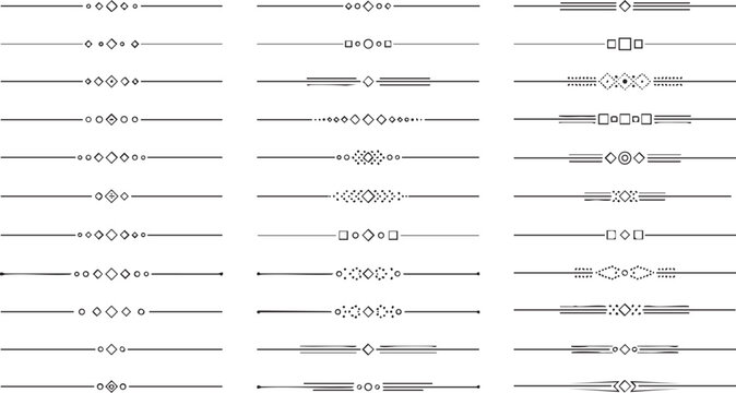 Comprehensive selection of stylish line dividers with abstract geometric patterns circles diamonds squares and dots for unique design applications.