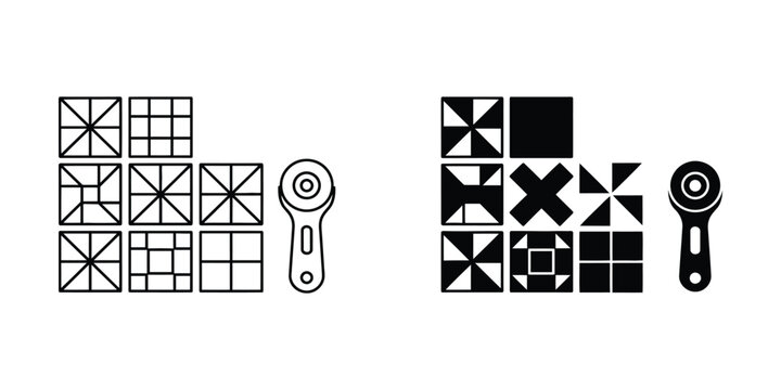 Geometric pattern tiles and rotary cutting tool vector icons set for craft and design projects