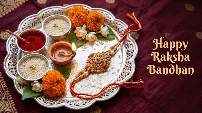 Happy Raksha Bandhan Vector Illustration with Decorative Rakhi, Pooja Thali, Diya, Rice, Kumkum, and Marigold Flowers on Traditional Background