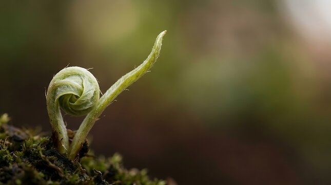 Young green fern fiddlehead uncurling in the forest