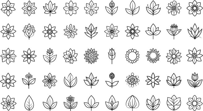  Minimalist Geometric Spring Flower and Leaf Line Icon Set with Symmetrical Botanical Blossoms and Foliage Elements for Corporate Branding Logo Designs