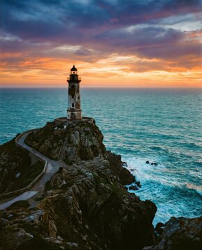 Lighthouse Sunset Rock Ocean Dramatic Sky Coastal