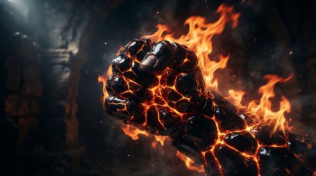 Fist forged of molten lava and cracked obsidian glows with intense heat in a dark subterranean environment.