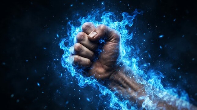 Fist surrounded by swirling blue flames symbolizes strength and a powerful fighting spirit.