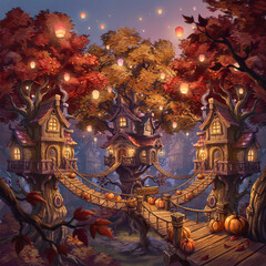 Fototapeta premium Enchanted forest treehouse village with hanging lanterns and glowing pumpkins transparent background
