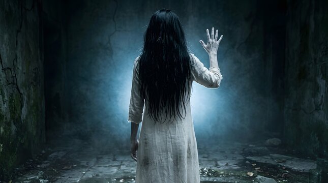 Spooky halloween scene a lonely female ghost in a dimly lit corridor