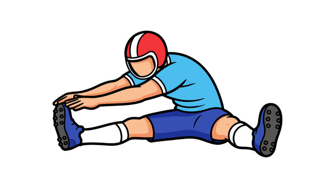 Football player performing seated hamstring stretch before game.