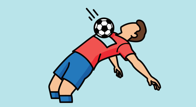 Soccer player heading ball with arched back technique.