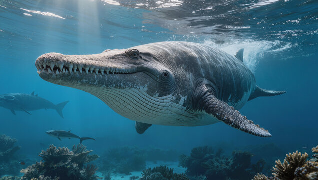 Photorealistic Pliosaur apex predator swimming underwater in prehistoric ocean