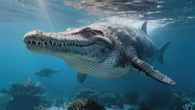 Photorealistic Pliosaur apex predator swimming underwater in prehistoric ocean