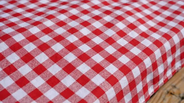 Red and white checkered tablecloth on an outdoor wooden table with soft focus and shallow depth of field