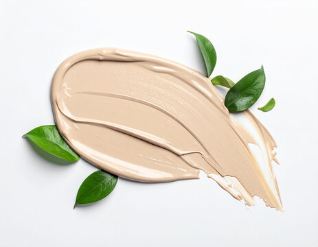Creamy liquid foundation swatch smooth beige texture cosmetic beauty product green fresh leaves white background natural organic skincare concept minimalist professional makeup application
