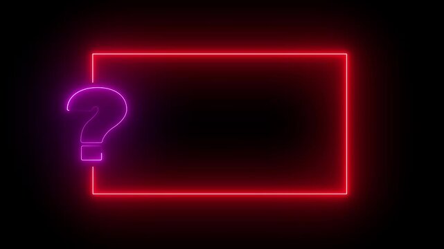 Question mark neon sign light on black background. Quiz trivia game competition. red neon question mark frame for quizzes and FAQs. Game announcement neon message. Answer question, Examination test.