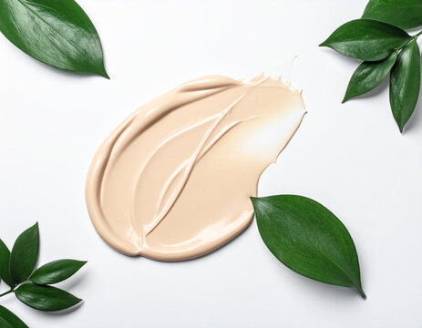 Creamy liquid foundation swatch smooth beige texture cosmetic beauty product green fresh leaves white background natural organic skincare concept minimalist professional makeup application