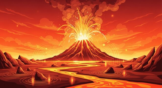 Heatwave: Volcanic Eruption Illustration - Dramatic Molten Lava and Fiery Landscape