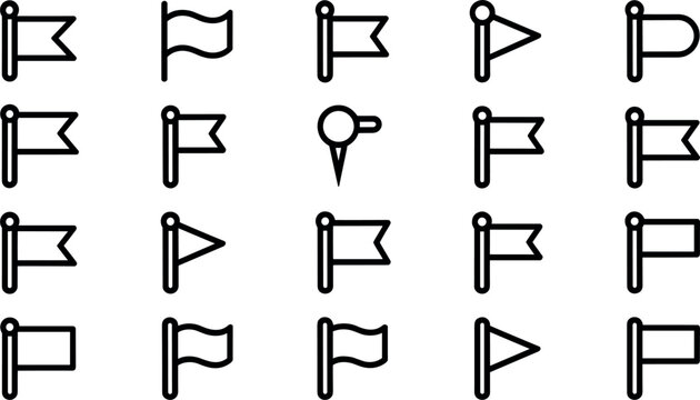 Navigation map flag and milestone marker line icon set vector illustration featuring swallowtail flags pennants pushpins destination points location tracking web geometric symbols