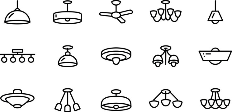 Home lighting fixtures and interior ceiling lamp line icon set vector illustration featuring chandeliers pendant lights tracking spotlights fans sconces illumination electric elements