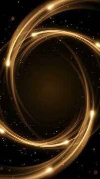 Vertical abstract background of swirling golden light trails and glowing sparkling dust
