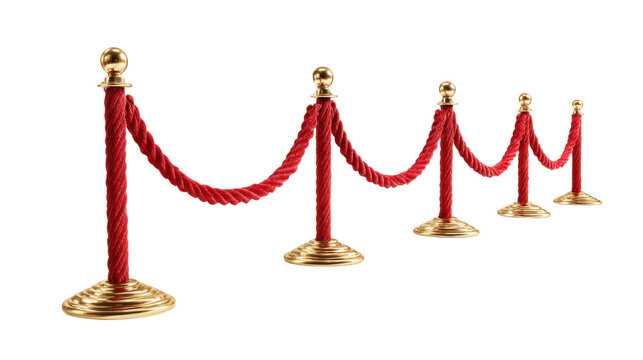Luxury red velvet rope barrier with golden stanchions symbolizing exclusive access premium events crowd management and VIP entrance on white background
