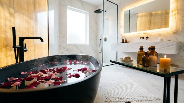 Modern luxury bathroom featuring a black tub with rose petals