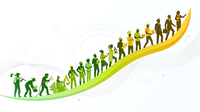 Illustration of Workers Walking Up Rising Growth Arrow