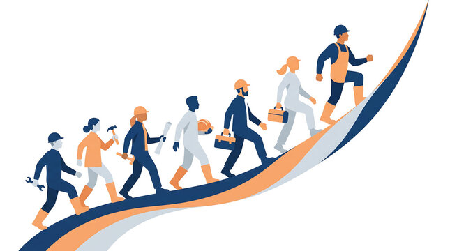 Illustration of Workers Walking Up Rising Progress Arrow