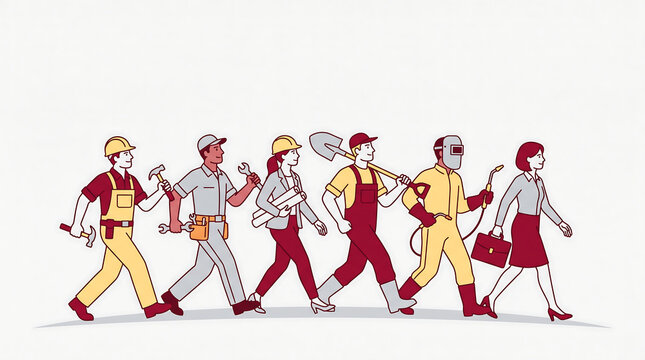 Illustration of Workers Walking Together in a Row