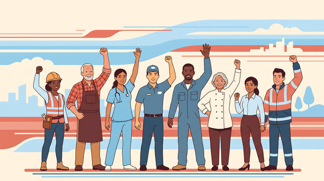 Illustration of Cheering Workers Raising Hands Together