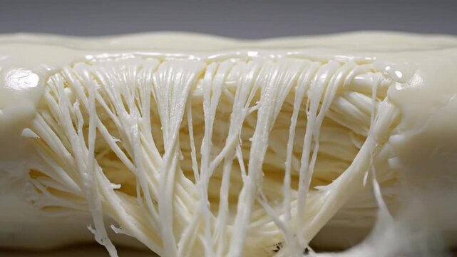 Close-up of string cheese revealing fibrous texture and stringy details, showcasing dairy food preparation
