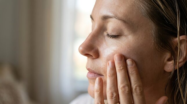 Woman applying moisturizer to her face during skincare routine