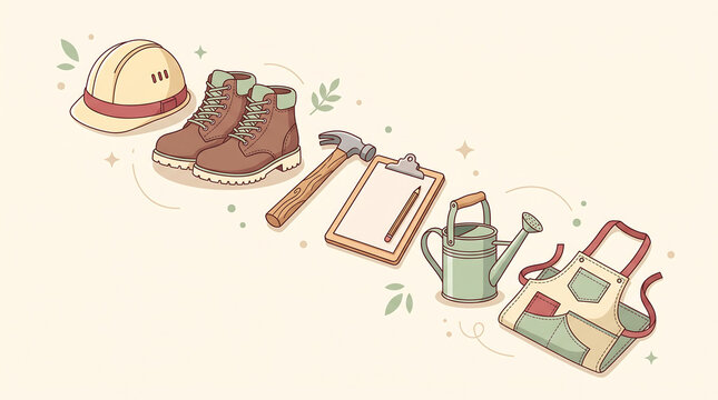 Illustration of Work Essentials Including Boots and Hard Hat